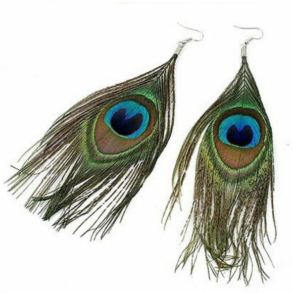 brand new Bohemian Peacock Eye Feather Dangle Earrings w/ French Ear Hook - Picture 5 of 9